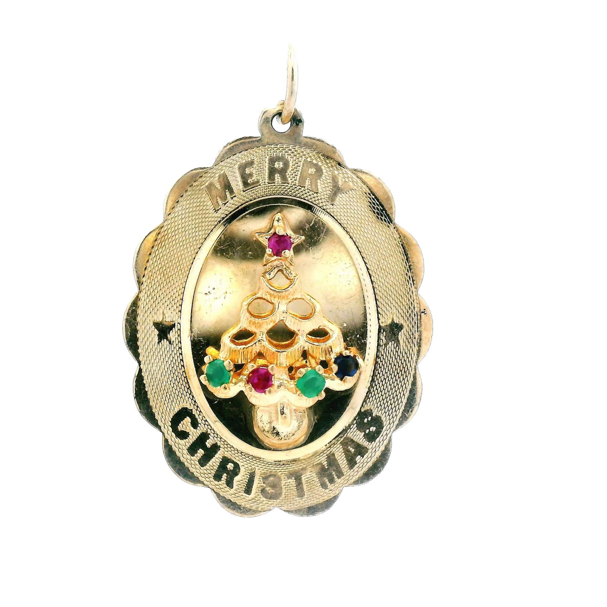 14k Yellow Gold 1960s Mid Century Merry Christmas Tree Pendant w/ Ruby & Emerald