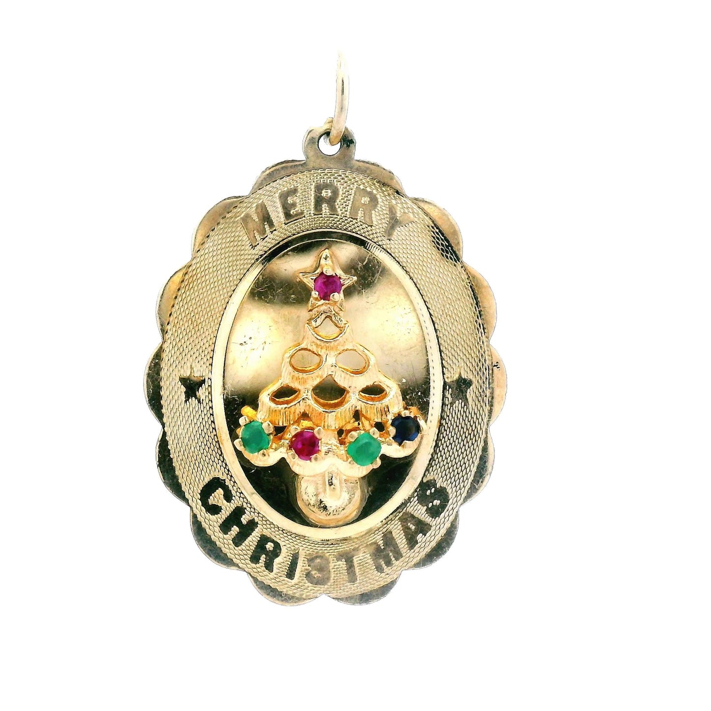 *WS* 14k YG 1960s Mid Century Merry Christmas Tree Pendant w/ Ruby & Emerald