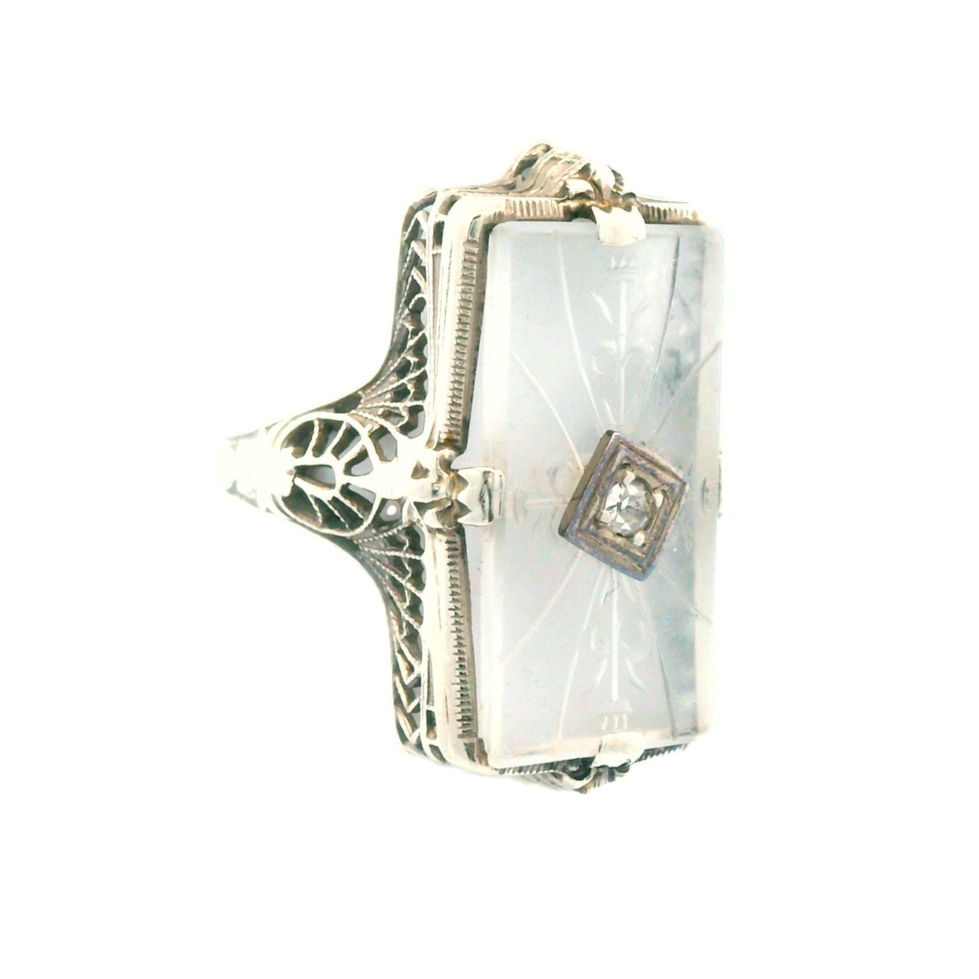 1920s Hand Carved Rock Crystal & Diamond 14k White Gold Filigree Ring