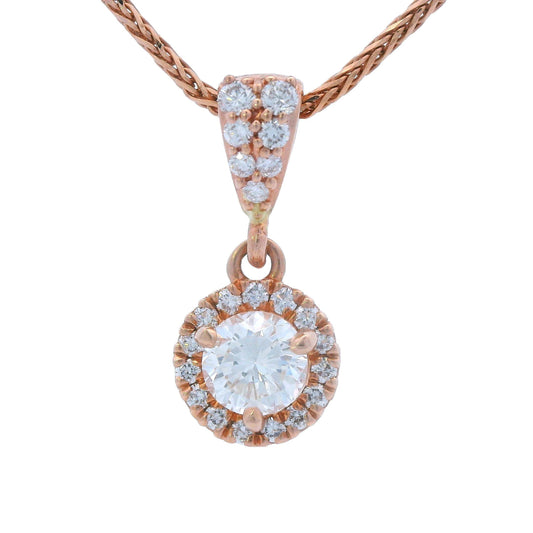 Contemporary 14k Rose Gold Diamond Drop Pendant w/ 18" Wheat Chain