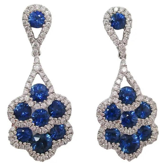 18 Karat White Gold Diamond and Royal Blue Sapphire Dangle Earrings