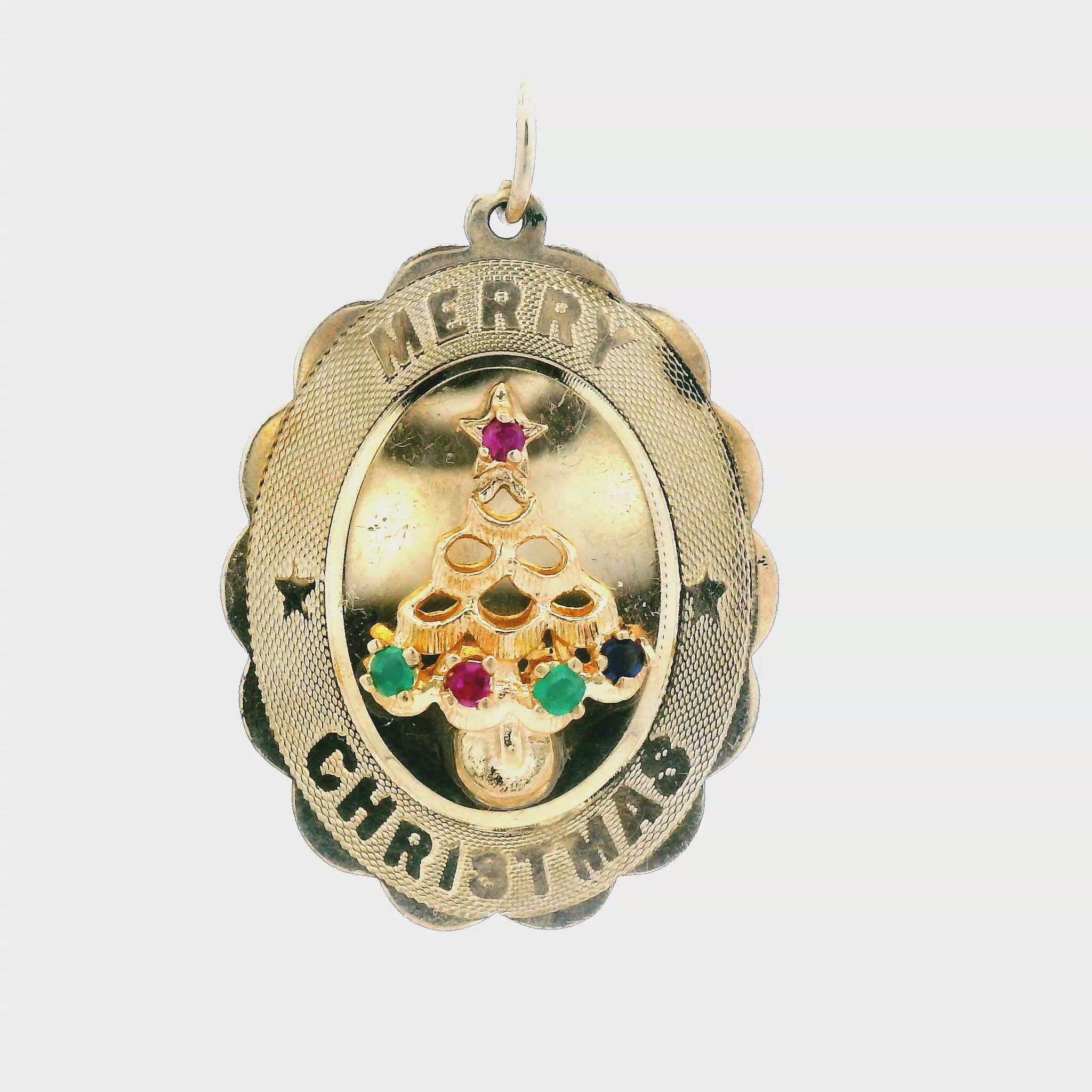 14k Yellow Gold 1960s Mid Century Merry Christmas Tree Pendant w/ Ruby & Emerald