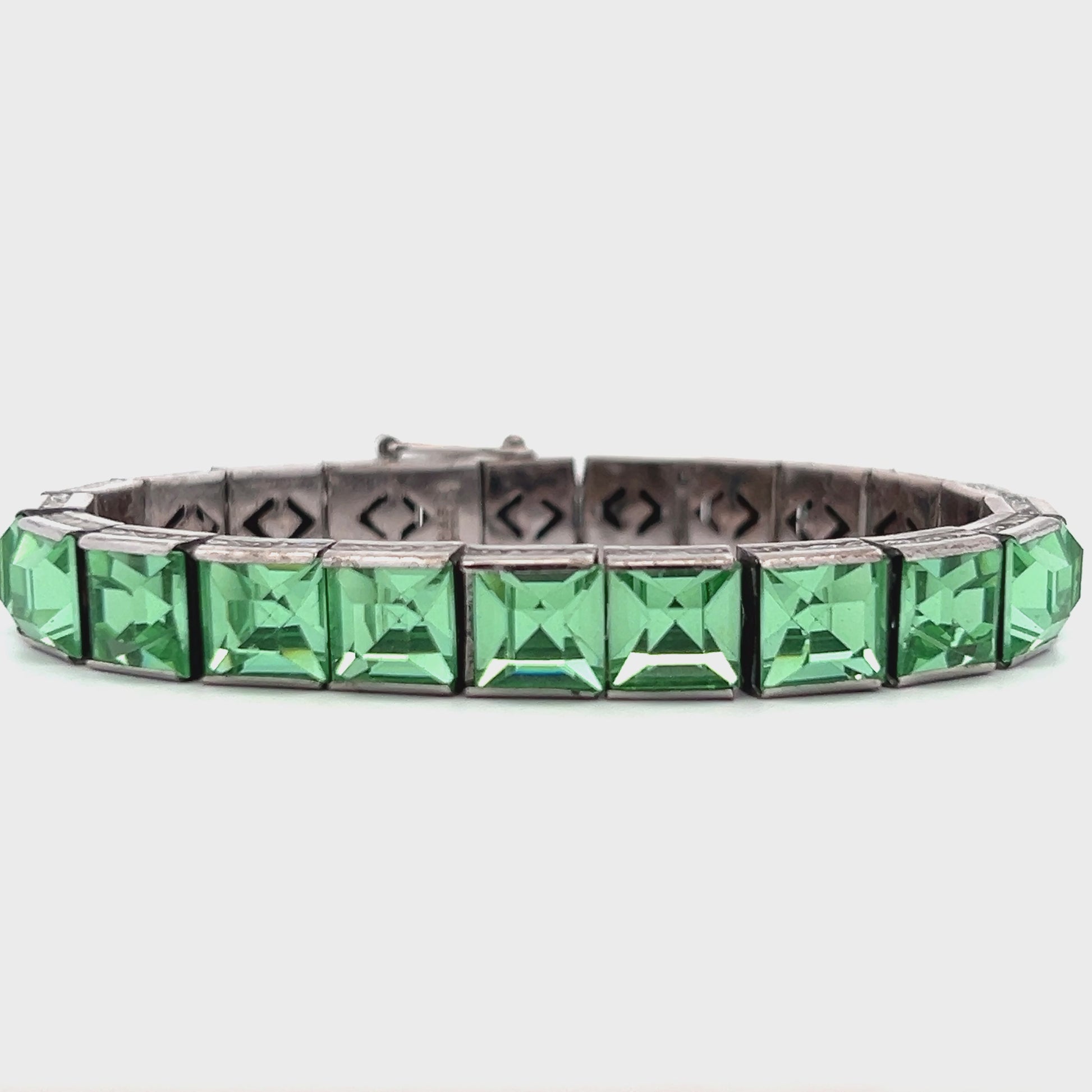 1925 Art Deco H&O Sterling Silver and Uranium Glass Bracelet