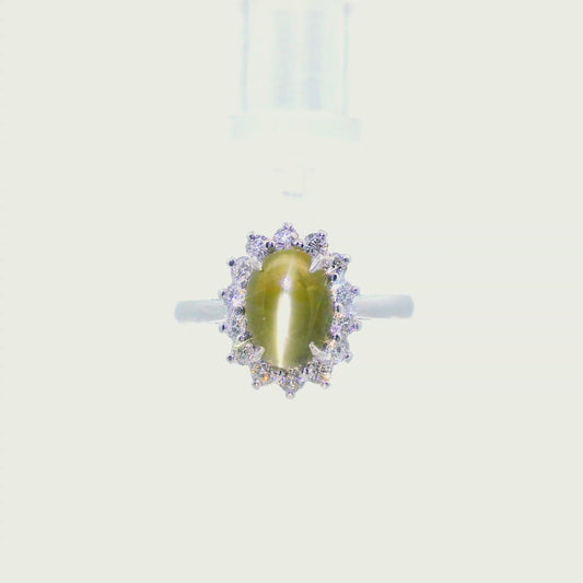 Diamond and 2+ carat Cats Eye Chrysol Beryl Platinum Ring