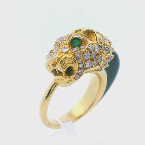 1950s French 18K Yellow Gold Diamond & Black Jade Panther Ring