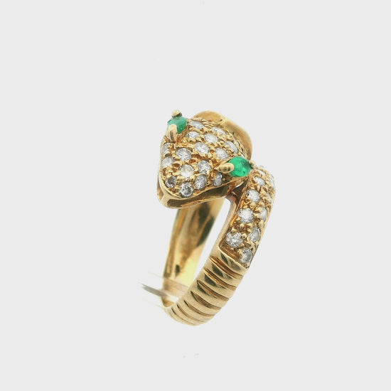 18K Yellow Gold Diamond and Emerald Snake Ring