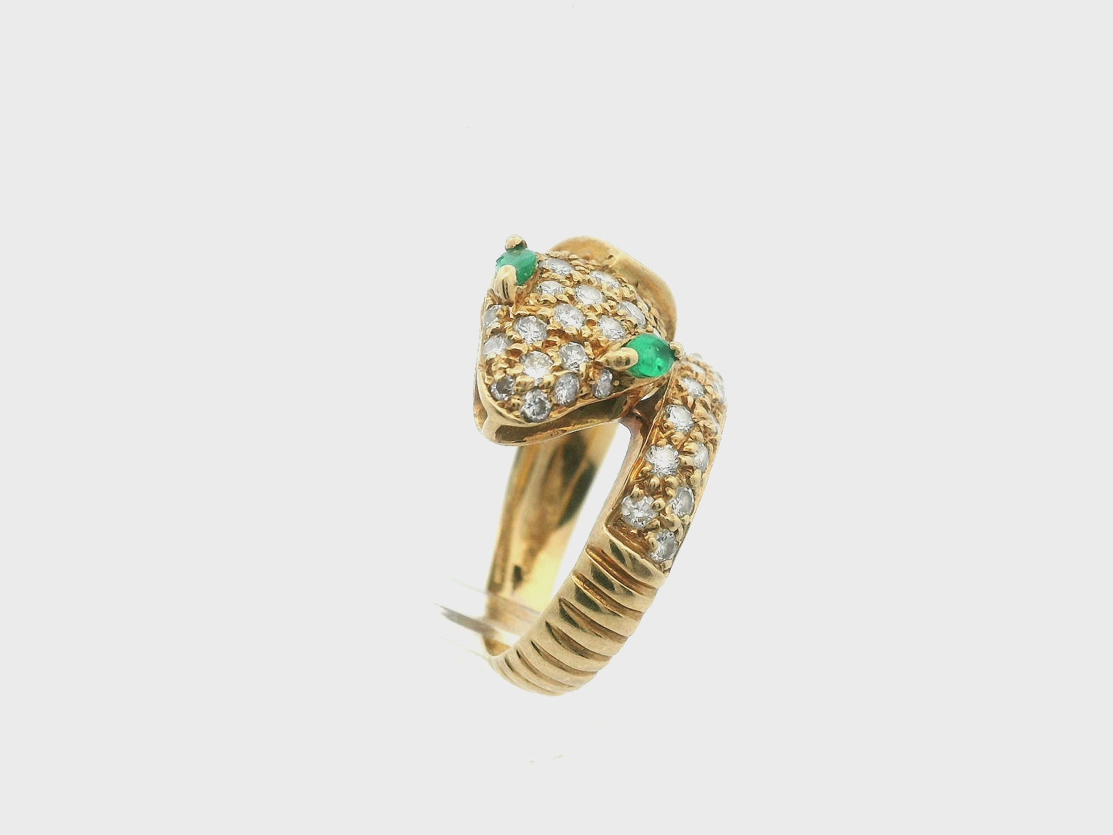 18K Yellow Gold Diamond and Emerald Snake Ring