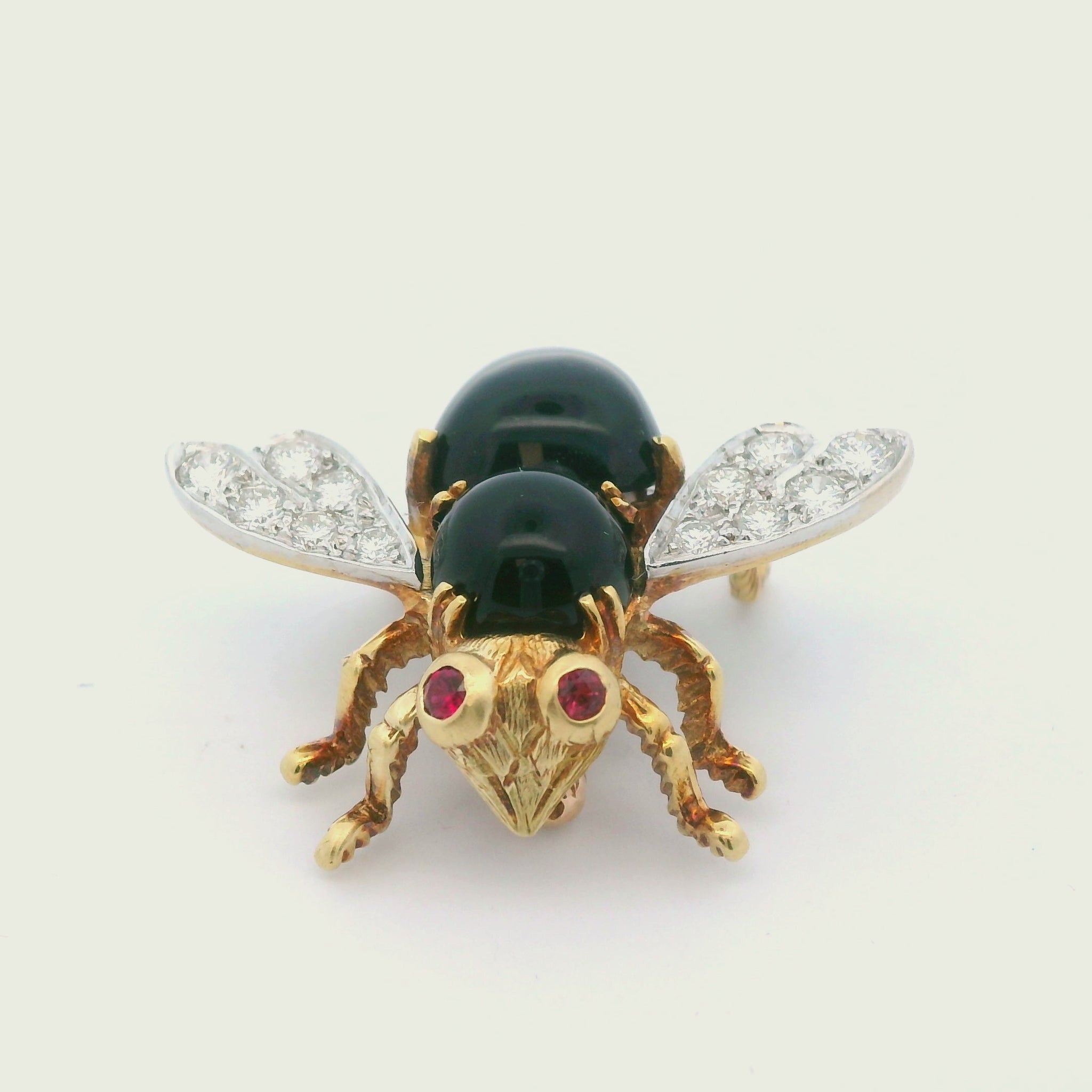 Herbert Rosenthal 1Ct Diamond 18k White + Yellow Two Tone Onyx and Ruby Bee Pin